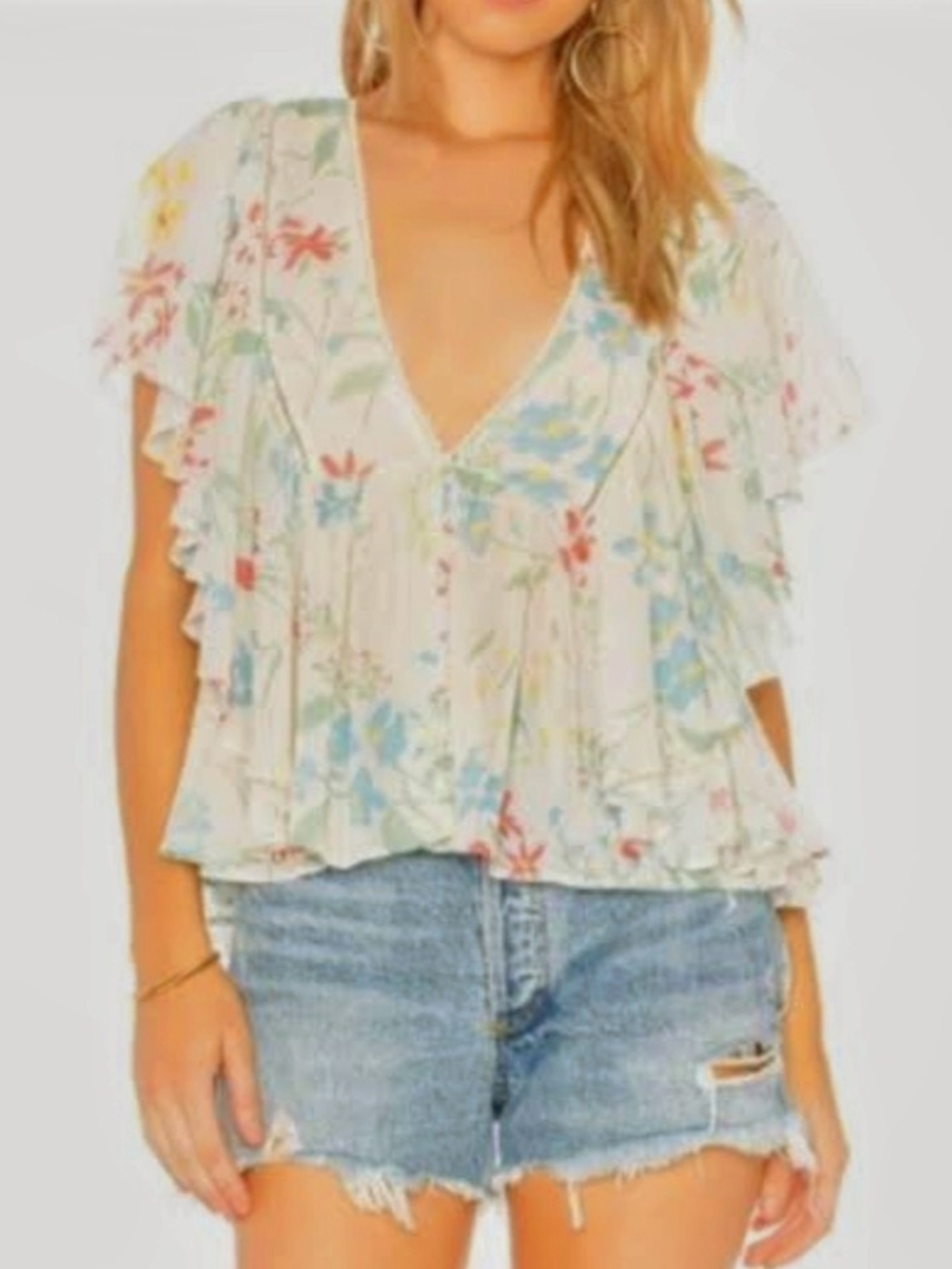 Tularosa Cream Floral V-Neck Ruffle Blouse